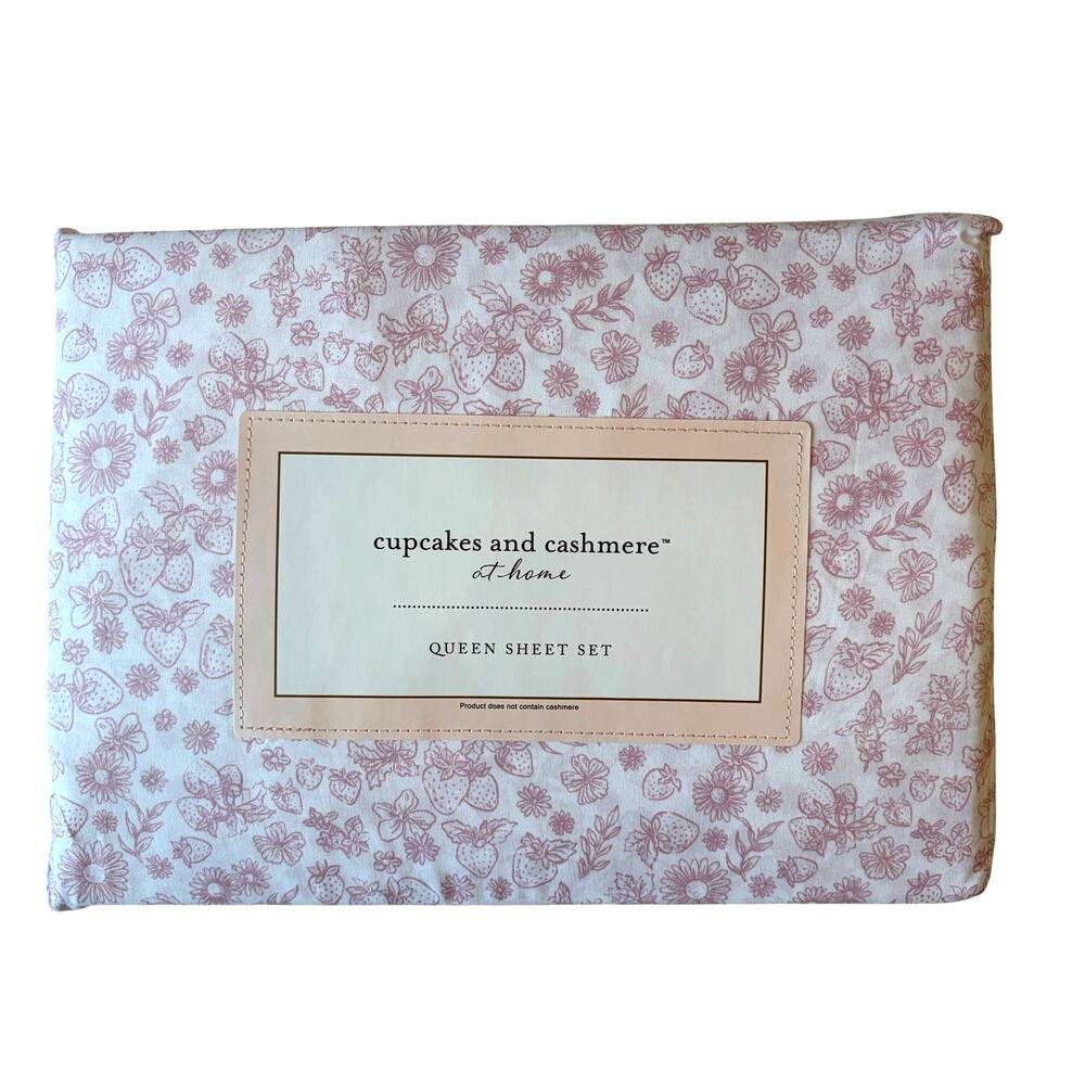 Cupcakes & Cashmere Strawberry Toile QUEEN Sheet Set Pink and White New